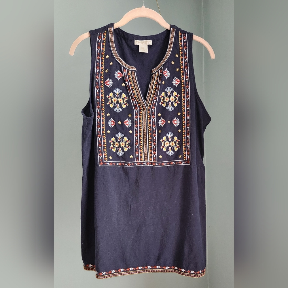 Christian Siriano Navy Floral Embroidered Blouse